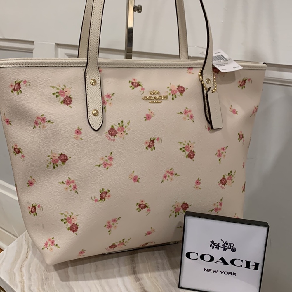 Coach White and Pink Floral Tote Bag